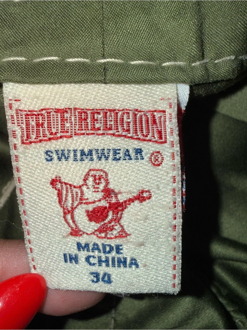 True Religion Olive Green Men's Swim Board Shorts with Contrast Stitching